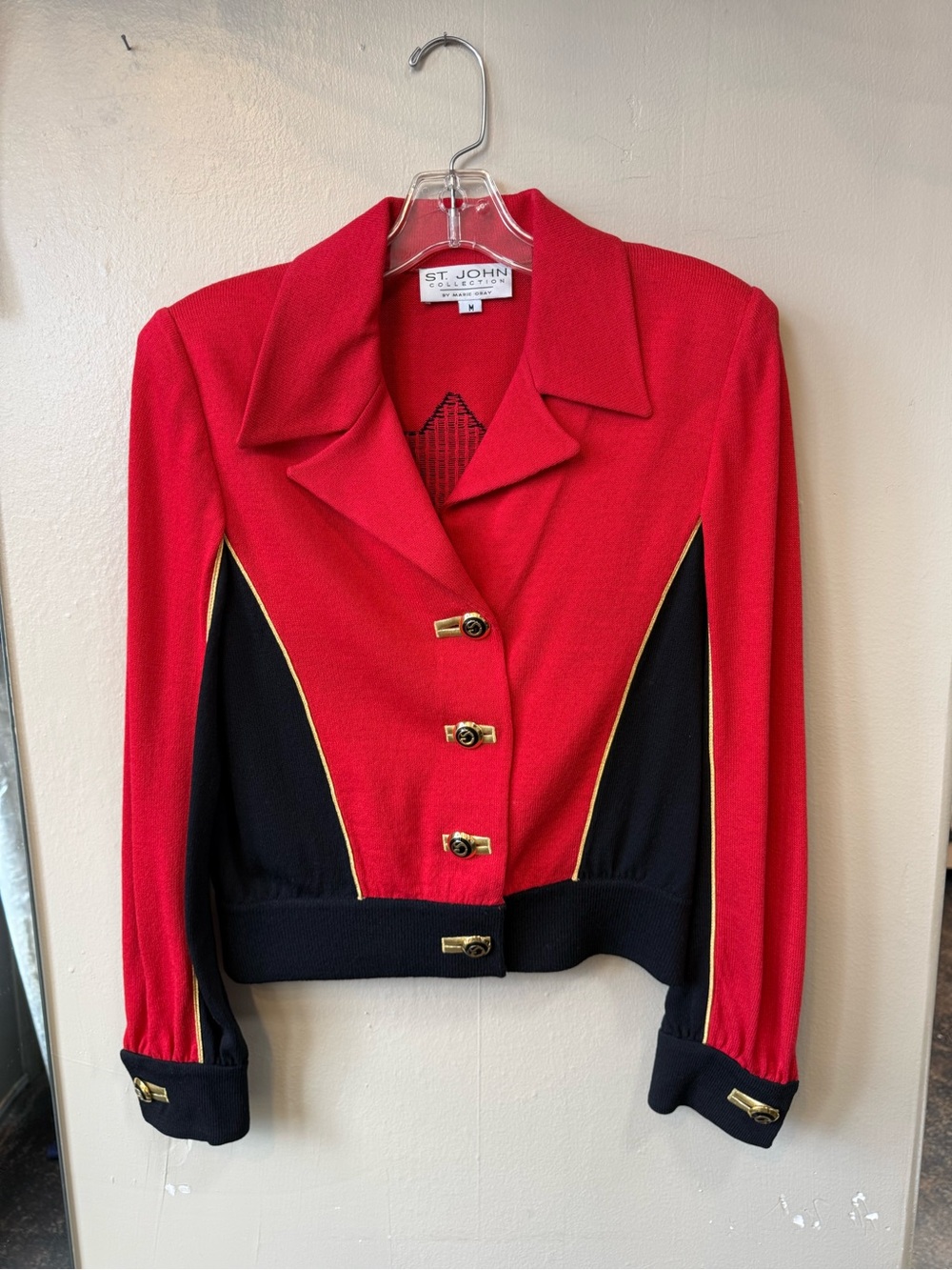 St. John Collection Marie Gray Red Black Gold Knit Jacket Size M